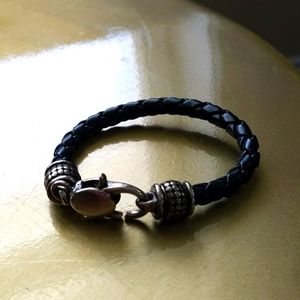 7 1/2 "black braided leather and silver bracelet